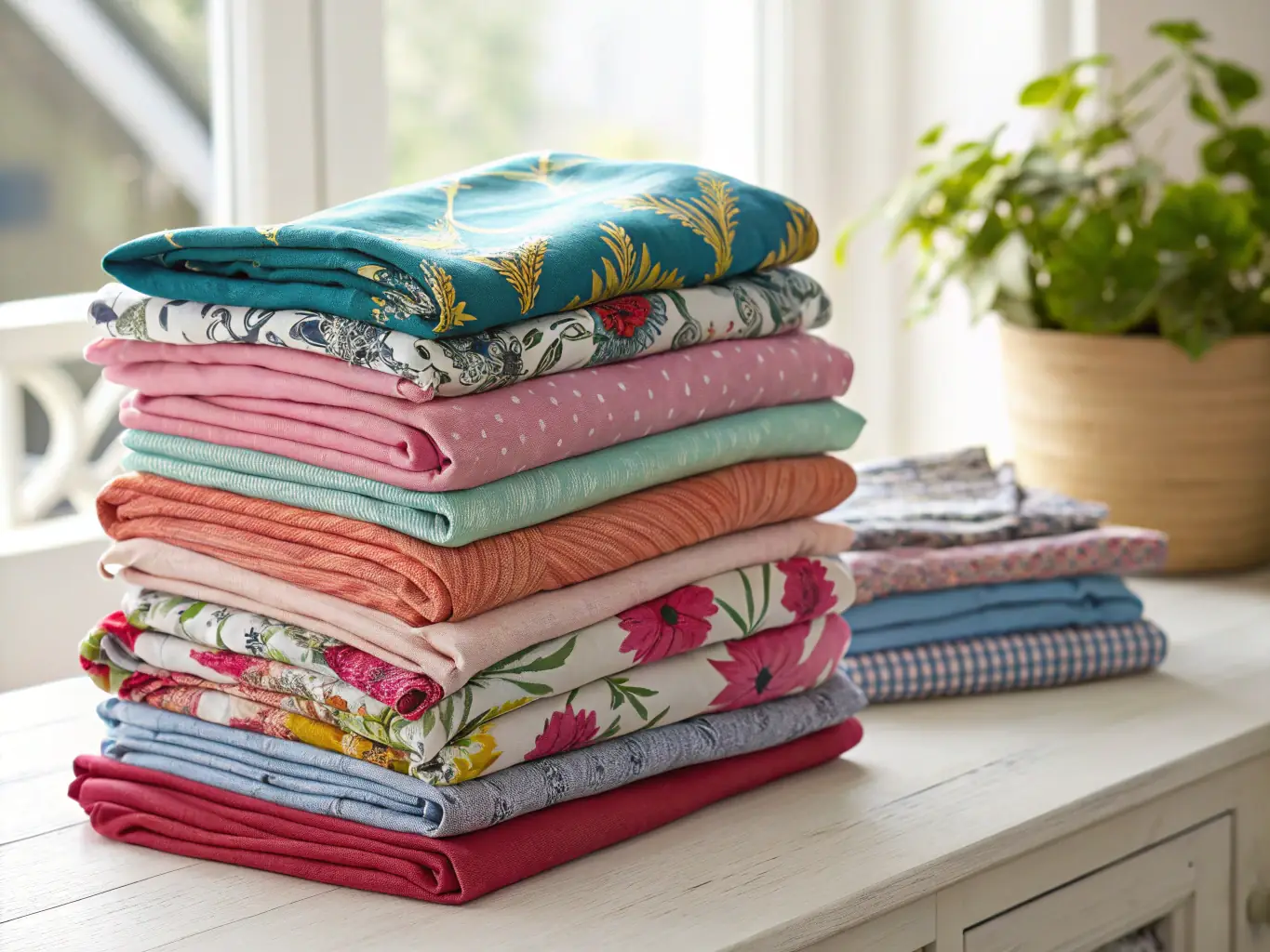 A close-up shot of freshly cleaned and neatly folded shirts, highlighting the crispness and quality of the wash & fold service.